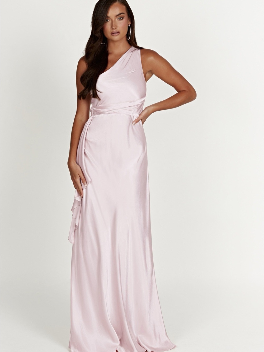 Meshki One-Shoulder Satin Gown in Light Pink
